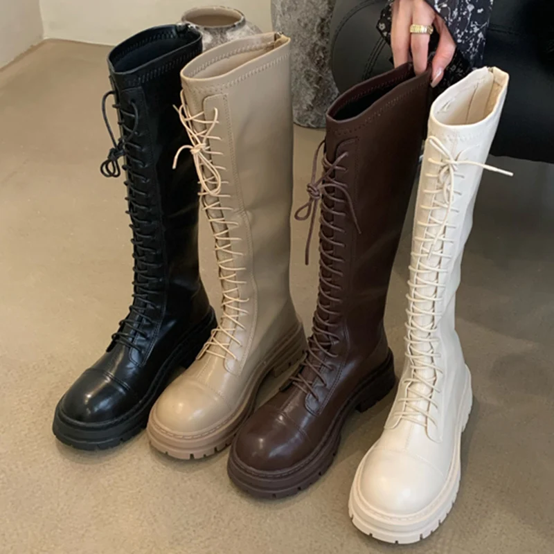 

Winter Women's Beige Keep Warm Fur Thick Soled Boots Shoes 4.5cm High Heels Brown Long Riding Boots Casual Lace Up Cowboy Boots