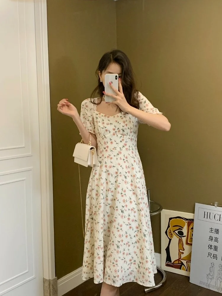 Harajuku French Sweet Printing Square Collar Midi Maxi Dresses for Women Short Sleeve Bodycon Floral Dress Korean Summer 2022