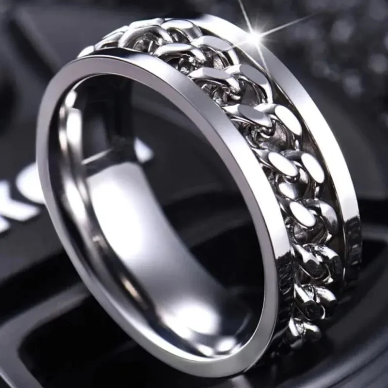 

Cool Stainless Steel Rotatable Couple Ring High Quality Spinner Chain Rotable Rings for Women Man Punk Jewelry Party Gift