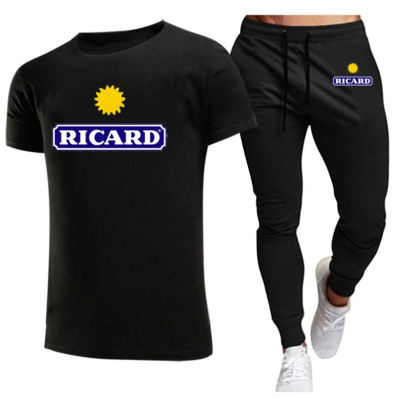 RICARD New Men's Tracksuits summer men's sets fitness wear short-sleeved T-shirts+trousers set cotton brand Men's clothing