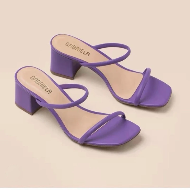 

Women Slippers One-word Strap Middle Heel Square Heel Square ShoeThin Strap Thick Heel Slippers Large Open Toe High Heel Sandal