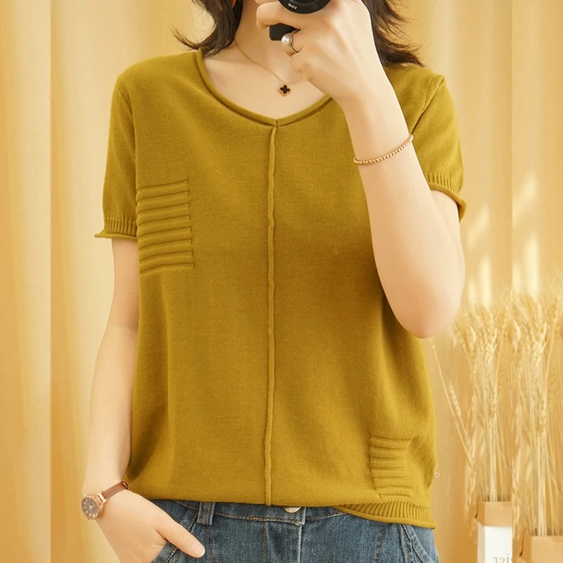 

Female Knitted Sweater T-Shirts Tops V-Neck Patchwork Solid Tee Shirts Women 2021 Summer T-Shirts Frayed Burrs Tops Streetwear