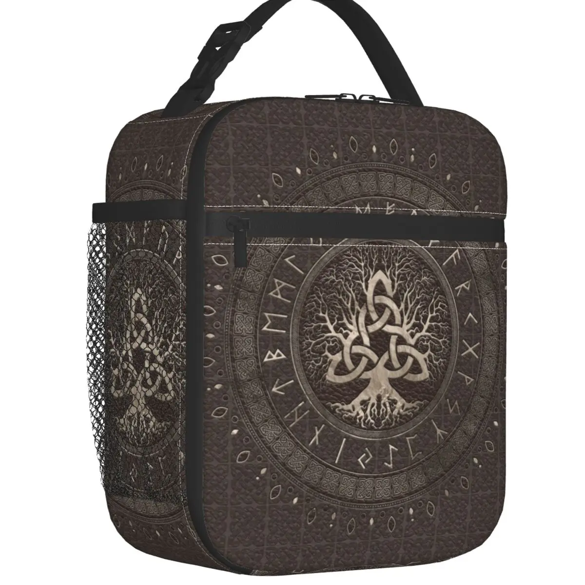 Tree Of Life With Triquetra Brown Leather Gold Thermal Insulated Lunch Bags Viking Norse Yggdrasil Portable Lunch Tote Food Box