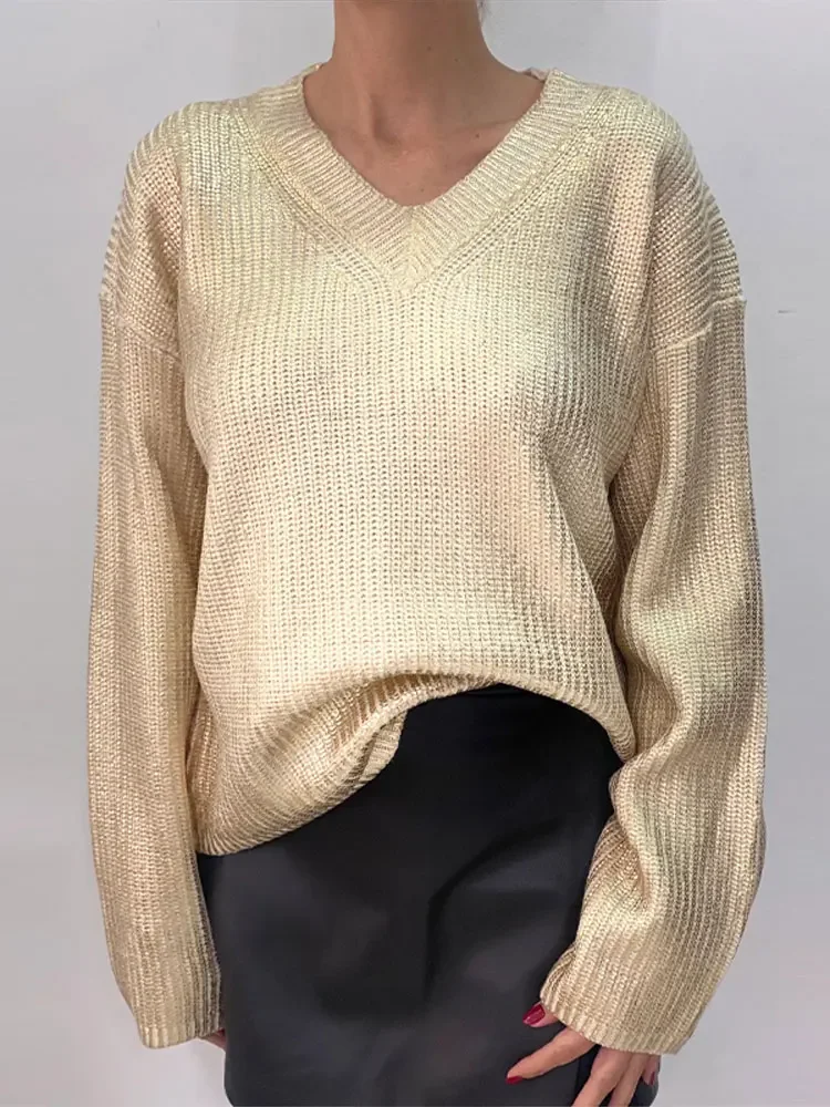 

Loose V Neck Metallic Gold Knit Pullovers Women Fashion Long Sleeve Corchet Knitted Jumpers Winter Elegant Lady Street Knitwear