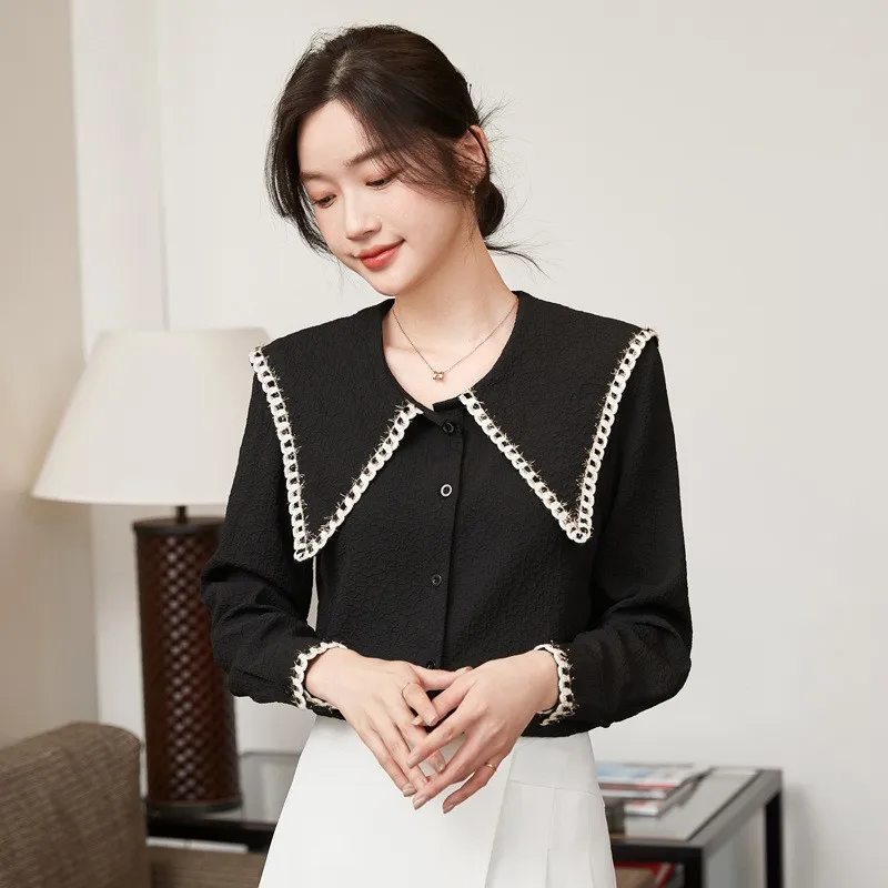 

Leisure Spring/Summer Fashion Chiffon Women's Luxury Jacquard Small Shirt Versatile And Age Reducing Western Style Black Shirt