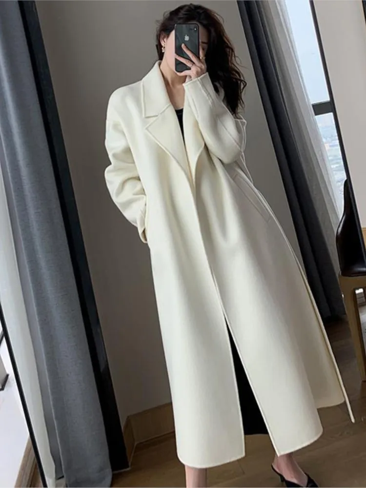 

Женское элегантное длинное шерстяное пальто с поясом, однотонные куртки с длинным рукавом, шикарная верхняя одежда, Дамское пальто на осень и зиму 2022
