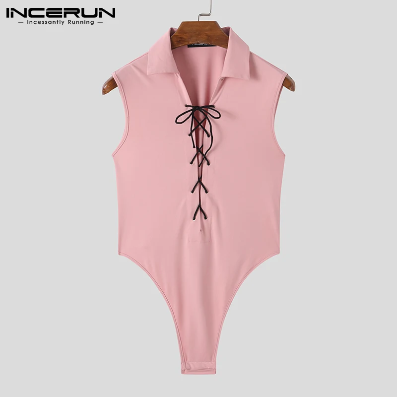 INCERUN 2023 Comfortable Homewear Men Onesies Sleeveless Solid All-match Simple Bodysuits Cross Straps Front Lapel Rompers S-5XL