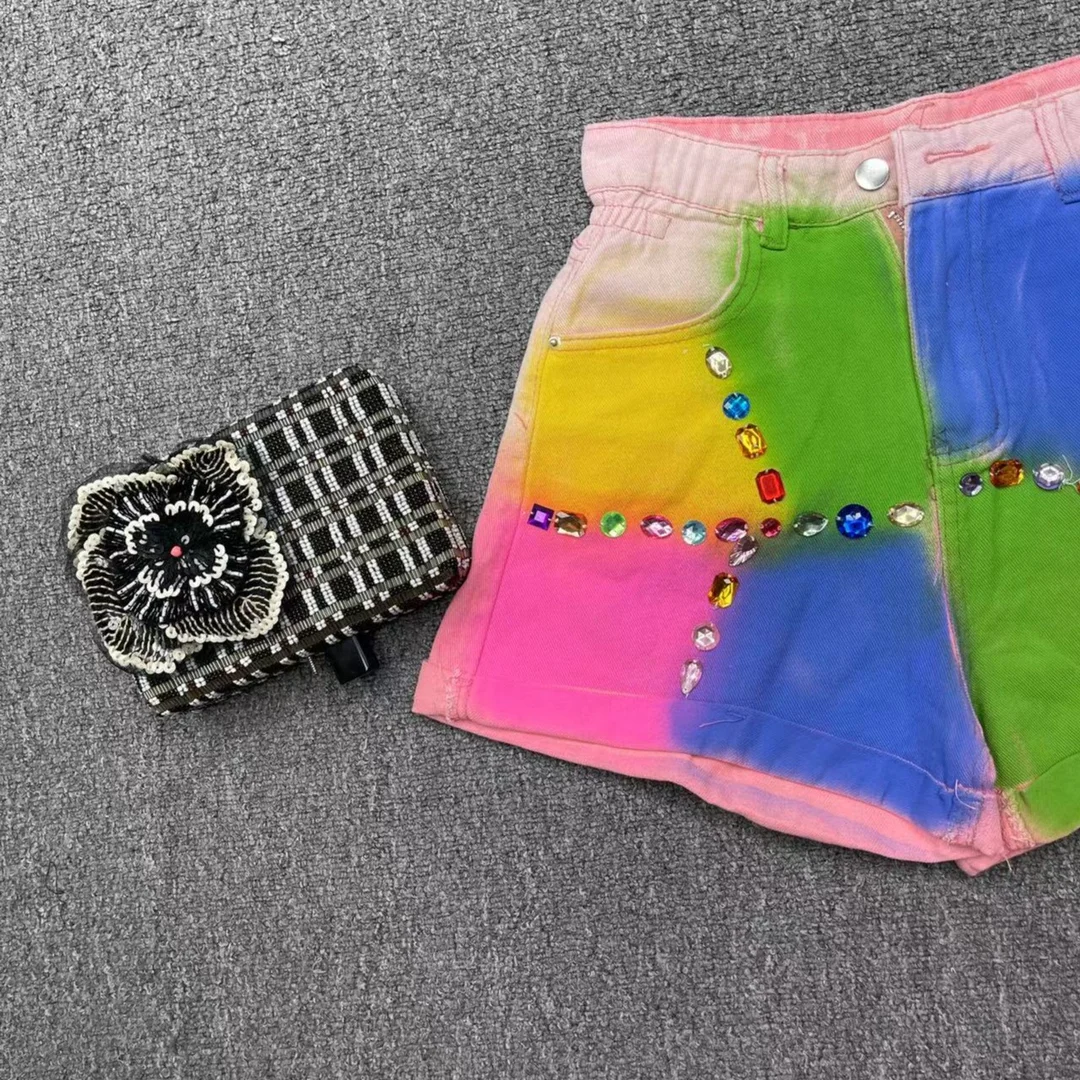 2023 Summer New Design Short Pants Heavy Industry Graffiti Beaded Colorful Crystals Gradient Color A Version Denim Shorts Women