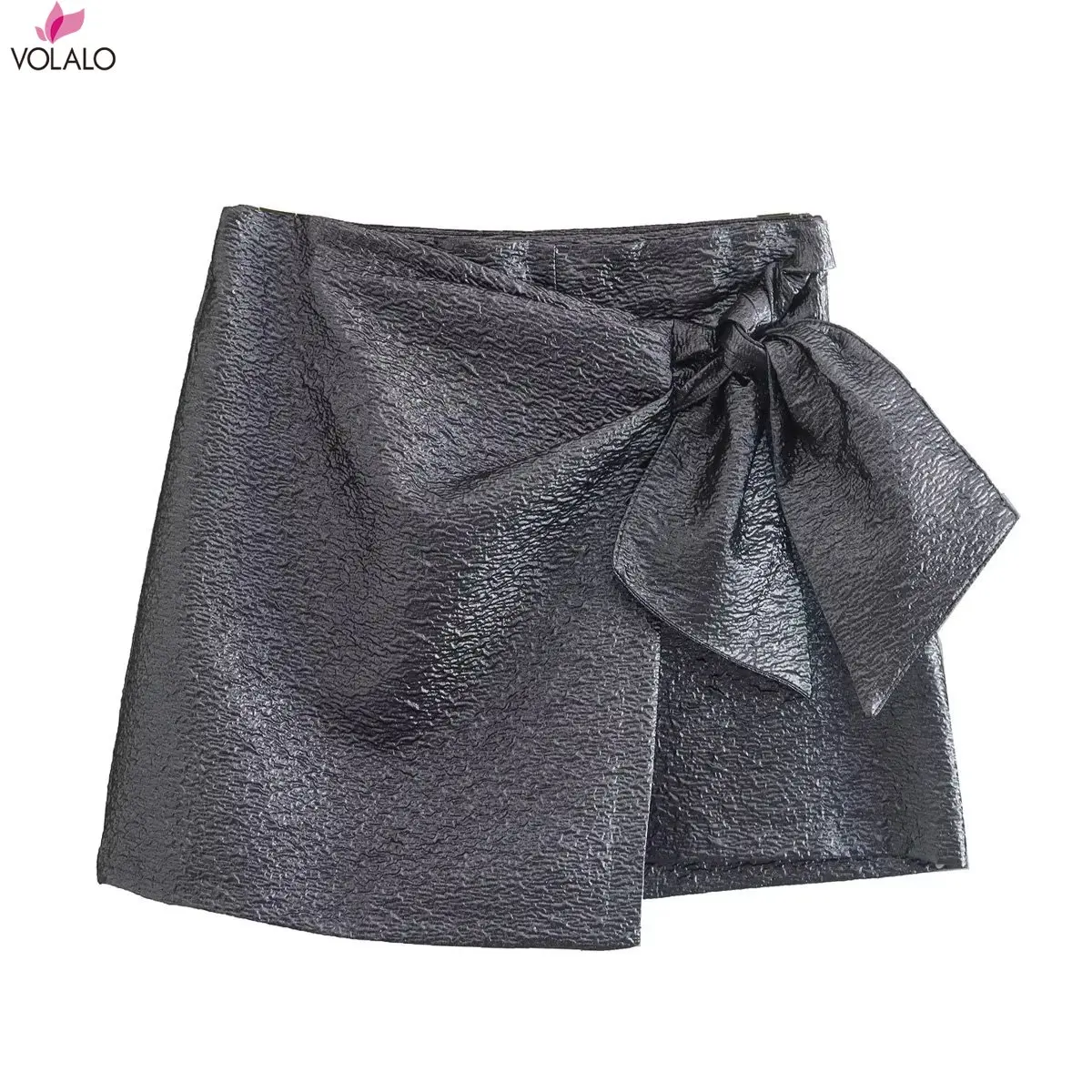 

VOLALO Women High Street Bow Decoration Texture Purple Shorts Skirts Lady Zipper Fly Hot Shorts Chic Pantalone Cortos
