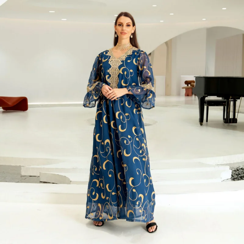 Islam Abaya Dress Blue Mesh Embroidery Abayas for Women Flare Cuffs Large Dress Evening Dress for Europe and America