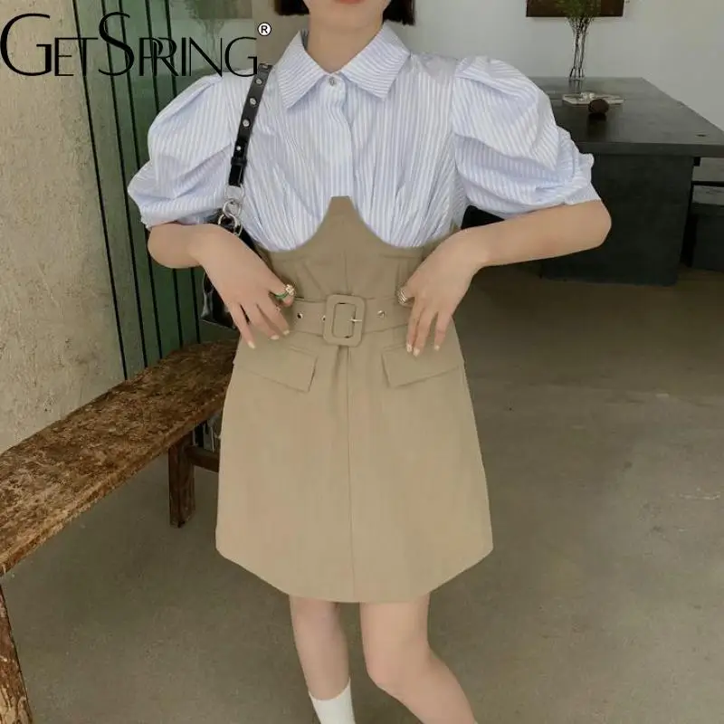 

GetSpring Women Dress PUff Sheeve Belt Patchwork Fake Two Summer Dress High Waist Color Match Fashion Girls Short Dresses 2022