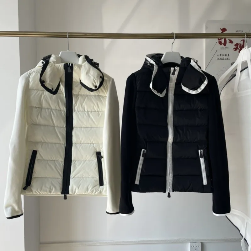 

Женская одежда 2023, однотонный теплый трикотажный пуховик с капюшоном в стиле пэчворк, новинка зимы 1101