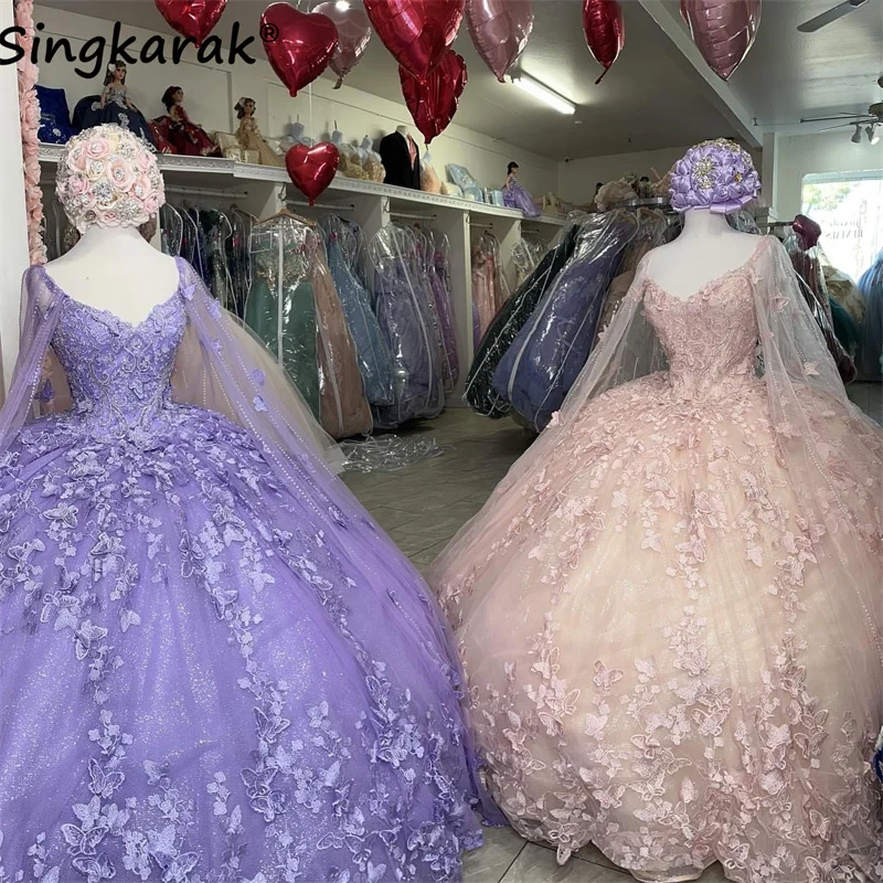 

Lavender Flowers Quinceanera Dresses 2022 With Detached Cape Off Shoulder Crystal Princess Sweet 15 16 Dress Prom Gowns