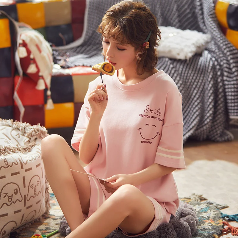 

Pajamas Summer Set Pyjamas Sleepwear Night Suit Pijama Mujer Home Wear Women Loose Casual Cartoon Cotton Nightwear