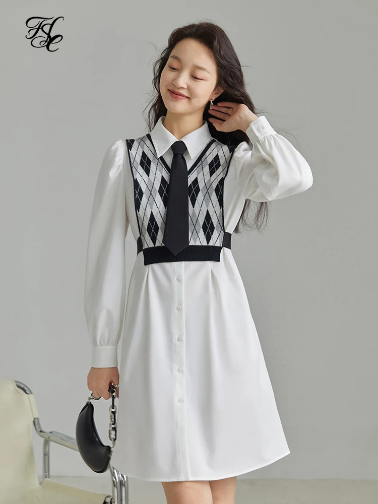 

FSLE Polo Neck Fake Two Pieces Temperament Stitched Dress Solid Causal 2022 Spring New Preppy Style Women Dress