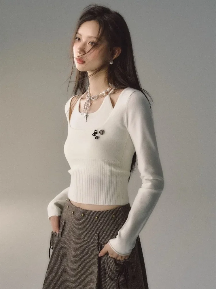 Женские облегающие пуловеры Y2k с имитацией двух предметов винтажные