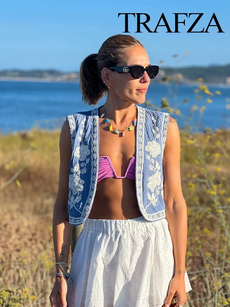 Женский короткий жилет с вышивкой TRAFZA винтажный Повседневный Топ без рукавов 2