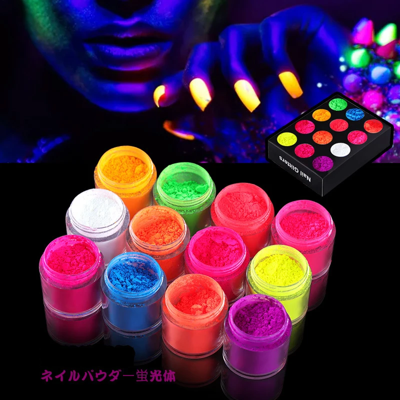 

12pcs Neon Phosphor Pigment Powder Set Fluorescent Nail Glitter Eye Powder Manicure Decoration Nail Art Dust Pigment Paillettes