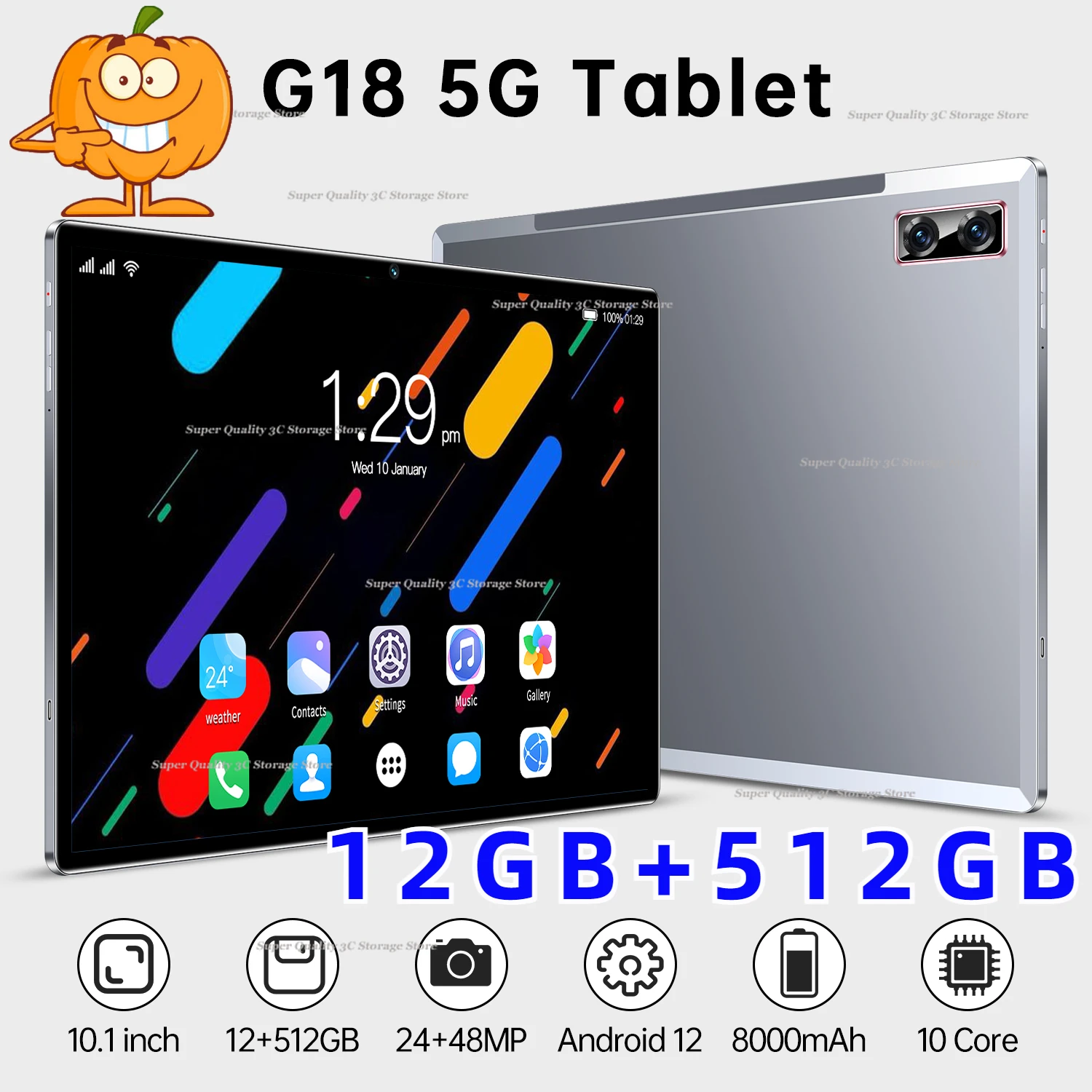 

2023 Newest Gobal Version Android Tablet G18 10.1 Inch Android 12 Bluetooth 12GB 512GB Deca Core 24+48MP WPS+5G WIFI Laptop