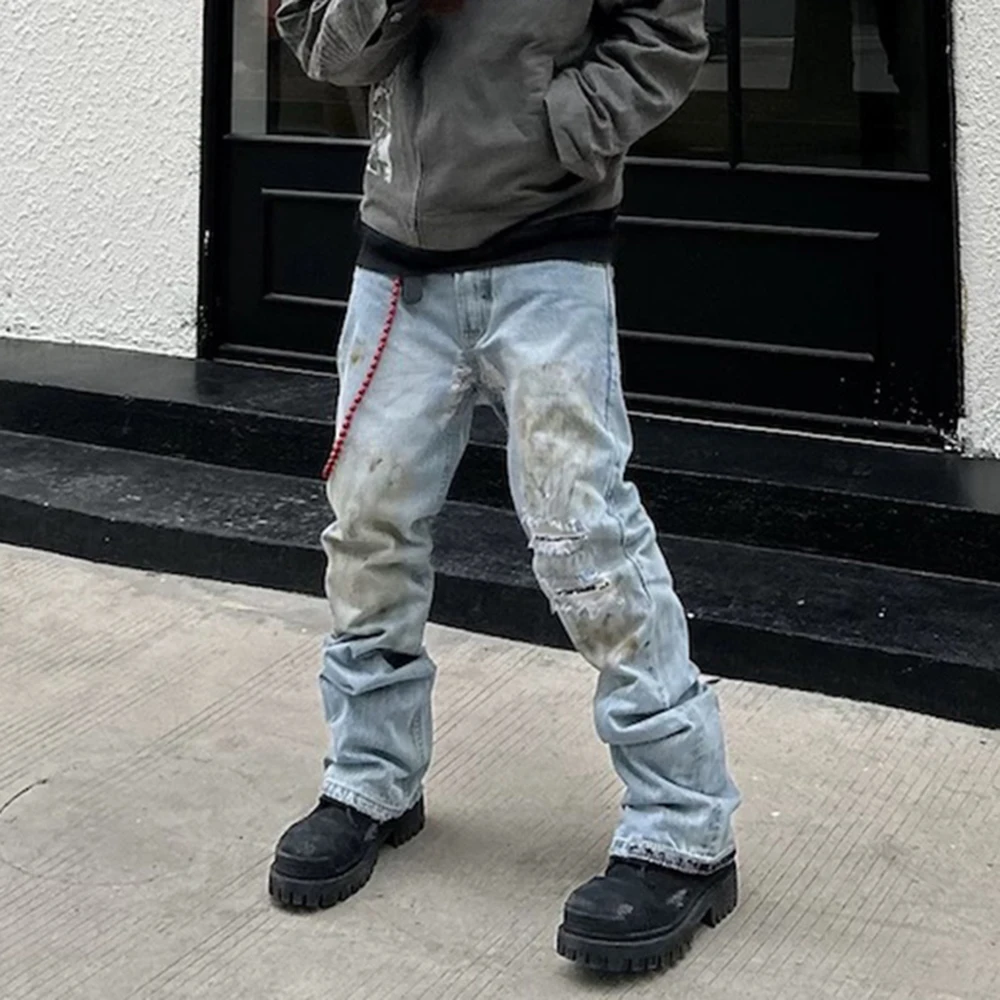 Джинсы мужские в стиле High Street рваные мешковатые брюки из грязного Джинса с