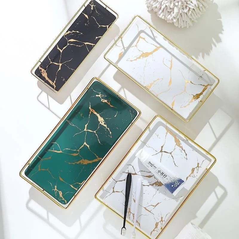

Golden Marble Texture Ceramic Plates Skincare Storag Square Trays Decorative e Jewelry Display Plate Dressing Table kitchen Tray