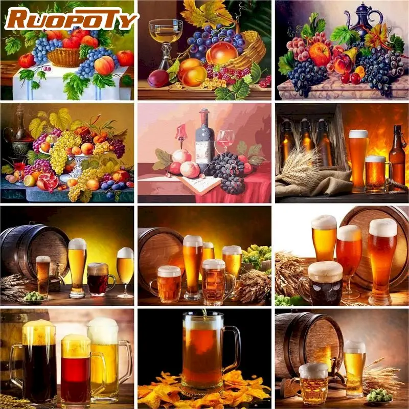 

RUOPOTY Frame Diy Painting By Numbers For Adults 60x75cm Acrylic Wall Art Picture Beer Fruits Coloring By Numbers Diy Craft