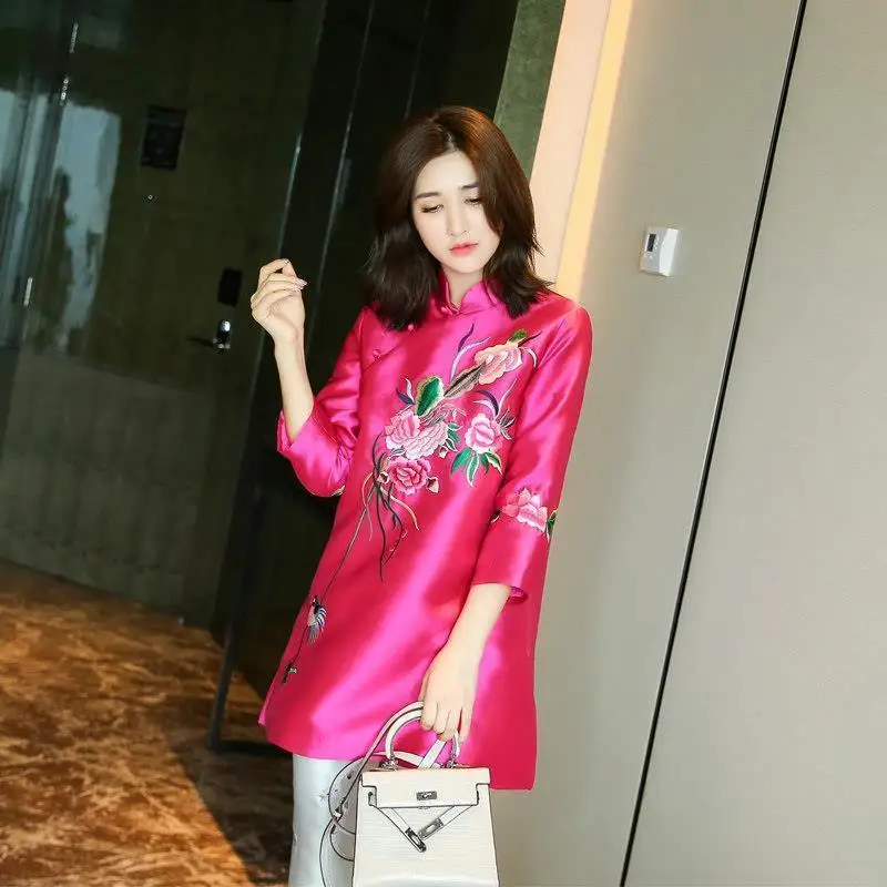 

2022 Chinese style tang suit top women Satin top ethnic style blouse women ol traditional embroidered qipao top pink blouse a13