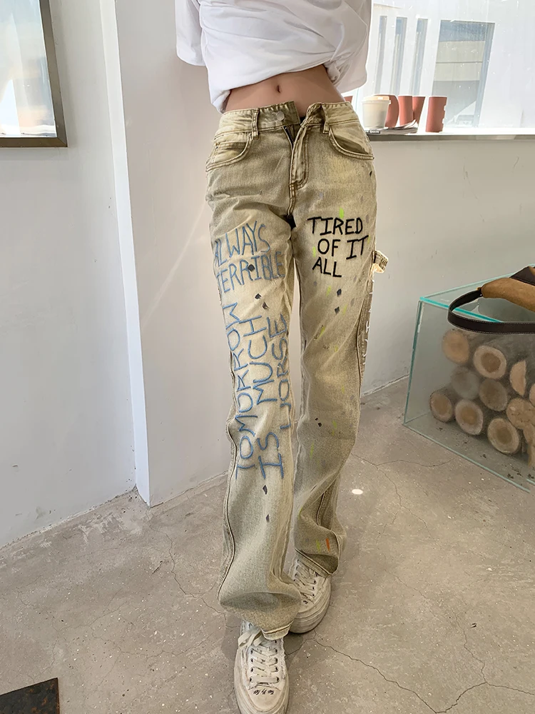 

Y2K Loose Jeans High Waist for Women Splattered High Waist Straight Cargo Floor Pants Retro Fashion Trousers Party