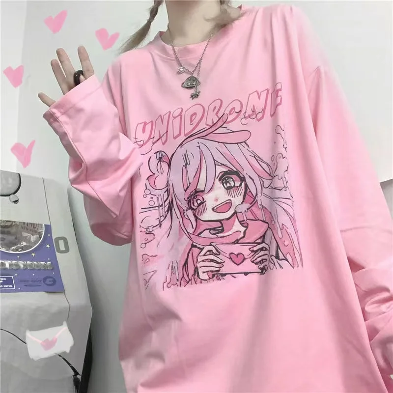 

Y2k Women Korean Long Sleeve Japanese Harajuku Cute Pink Anime Egirl T-shirt Oversized Top Kawaii Gothic Harajuku Topss Clothes