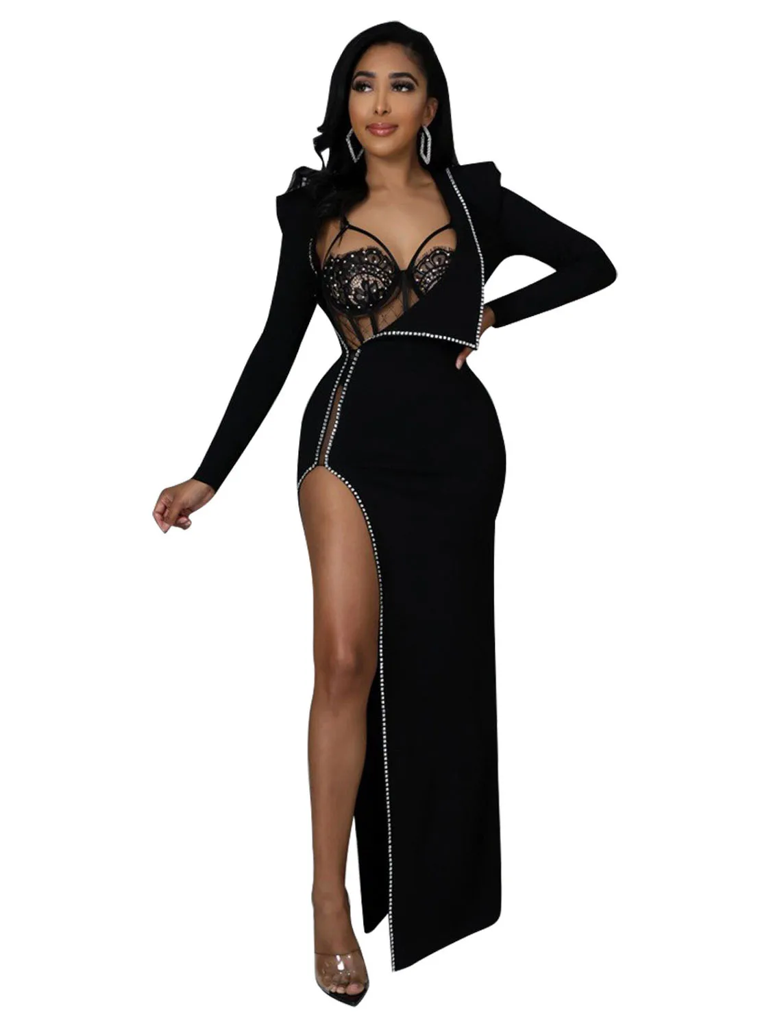 

Lace Rhinestone Prom Slit Dress Long Elegant Luxury Asymmetrical See Through Night Club Evening Gowns Party Bodycon Maxi Dresses