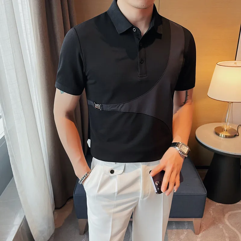 

Solid Color Lapel POLO Shirts Men Summer Short Sleeve Fashion Splicing Buckle Polo Shirts Casual Business Tee Tops Men Clothing