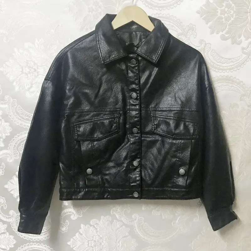 2021 New Motorcycle Jacket Women Autumn Zipper Faux Soft Leather Jacket Short Leather Jacket Ladies Basic Street Coat Black Red