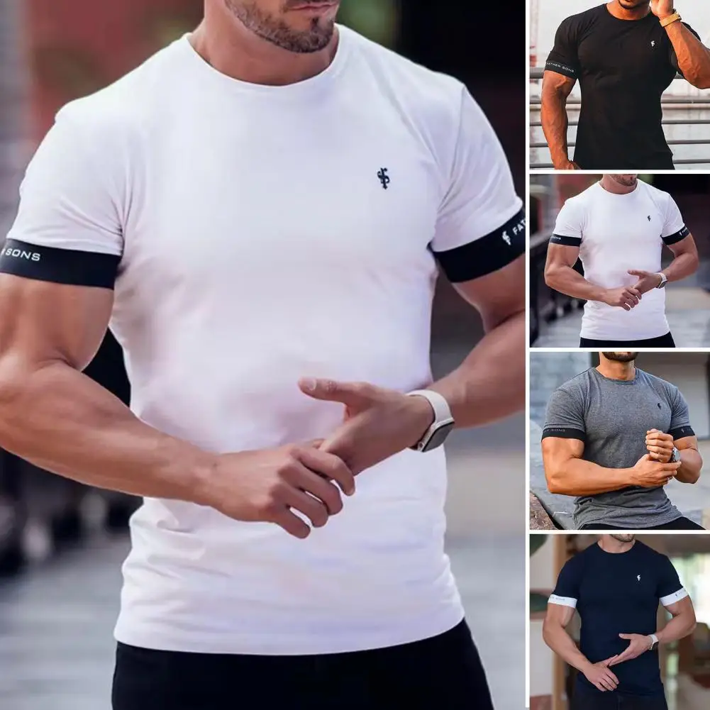 

Men Sports Streetwear Casual Sleeve for O Summer Contrast Oversized Male Gym Tops T-shirt Short Fit Color Neck Slim