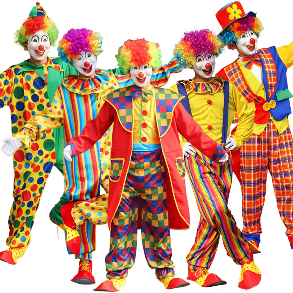 

Костюмы для косплея клоуна на Хэллоуин для взрослых мужчин Смешные Цирковые Костюмы на Рождество карнавал шутка платье без парика маска