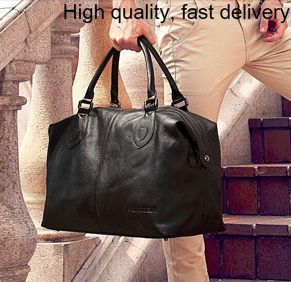Leather Fashion Genuine men travel bag Carry on Luggage bag men Leather Duffel bag Overnight Weekend bag big Tote Handbag Black