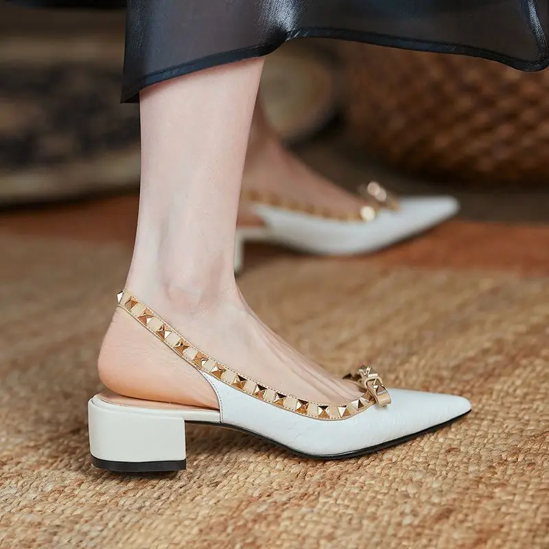 

2022 new Baotou fashion sandals bow rivet pointed snakeskin high heels ankle wrap women's shoes 6cm