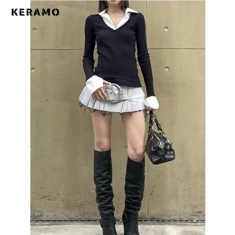 Зимние сексуальные повседневные футболки с длинными рукавами из двух предметов