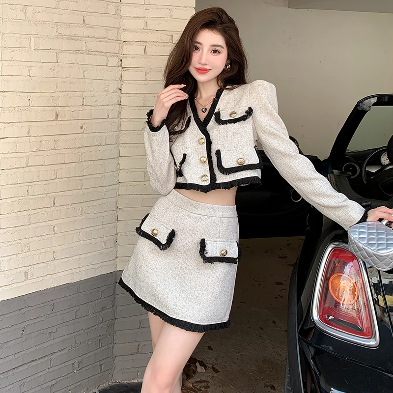 

New Autumn Two Piece Set for Women Korean Fashion Tassel Short Blazer Jacket Coat Crop Top + Mini Skirt Sets High End Suits Y2k