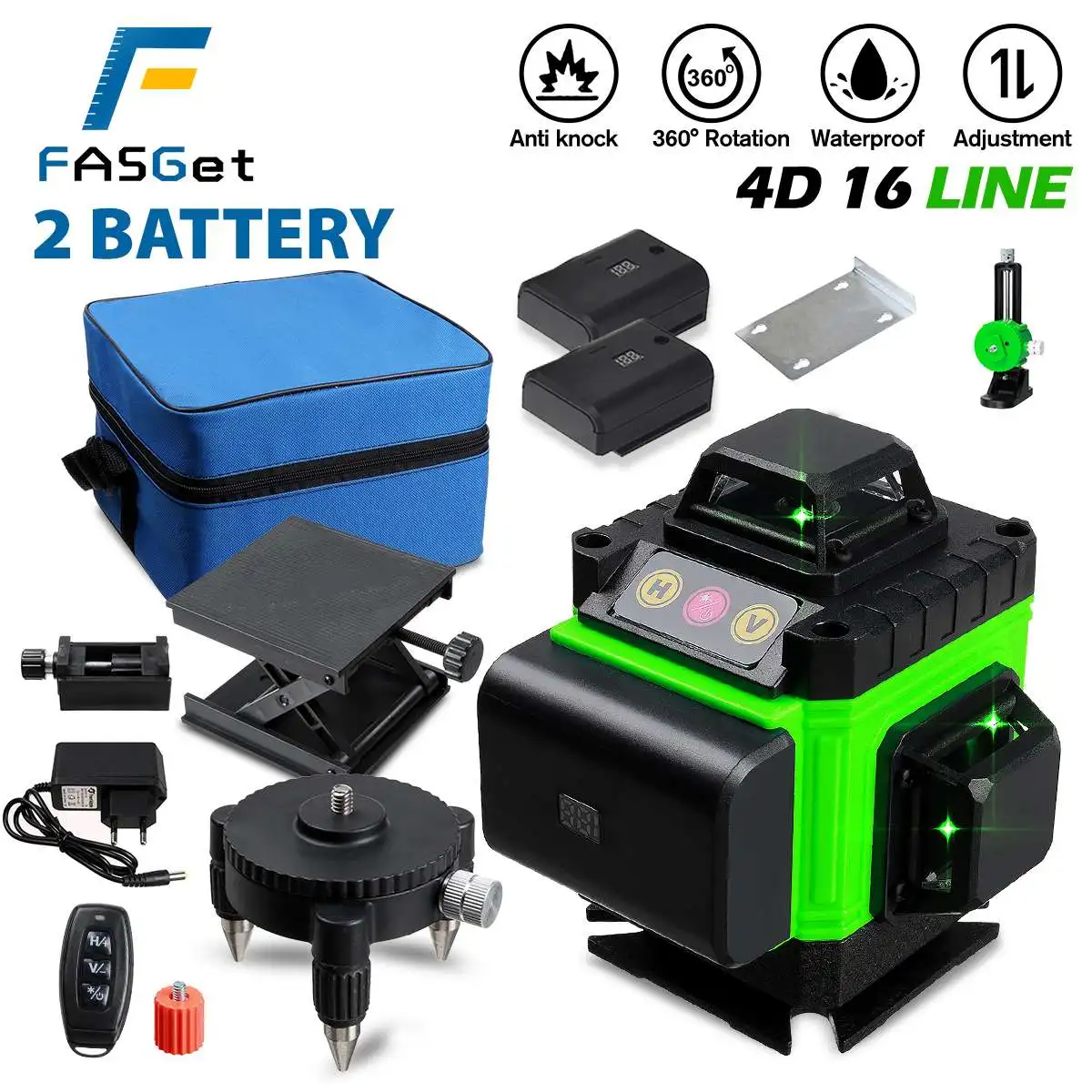 

16 Lines 4D Laser Level Self-Leveling 360 Horizontal And Vertical Cross Super Powerful Green Laser Beam Line With 2 Battery