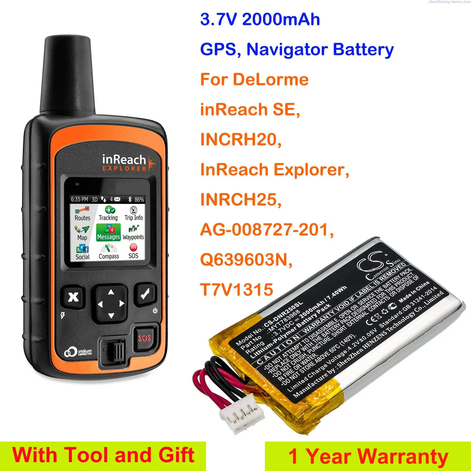 

2000 мА · ч GPS, аккумулятор для навигатора MYT783968 для DeLorme 39h20, INRCH25, InReach Explorer,inReach SE,Q639603N,T7V1315