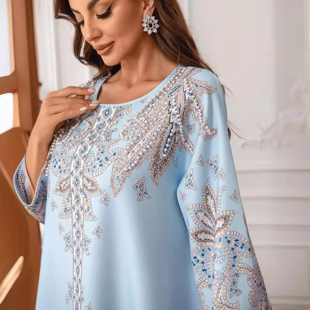 ZD011 Дубай ins мусульманский женский халат с принтом из бисера платье круглым