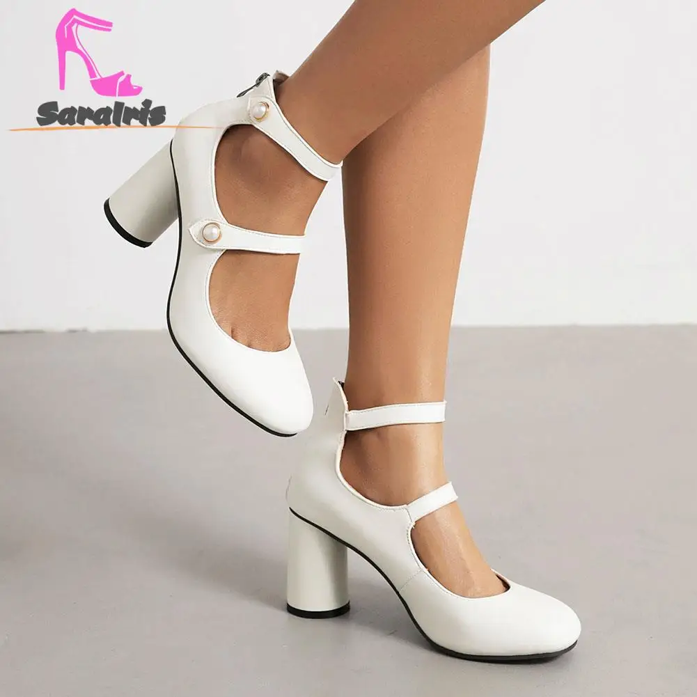 Spring Summer Thick High Heels Mary Jean Shoes Hot Fashion 2023 Sweet Elegant Women Pumps Ankle Buckle Lady Pumps Comfy Walking