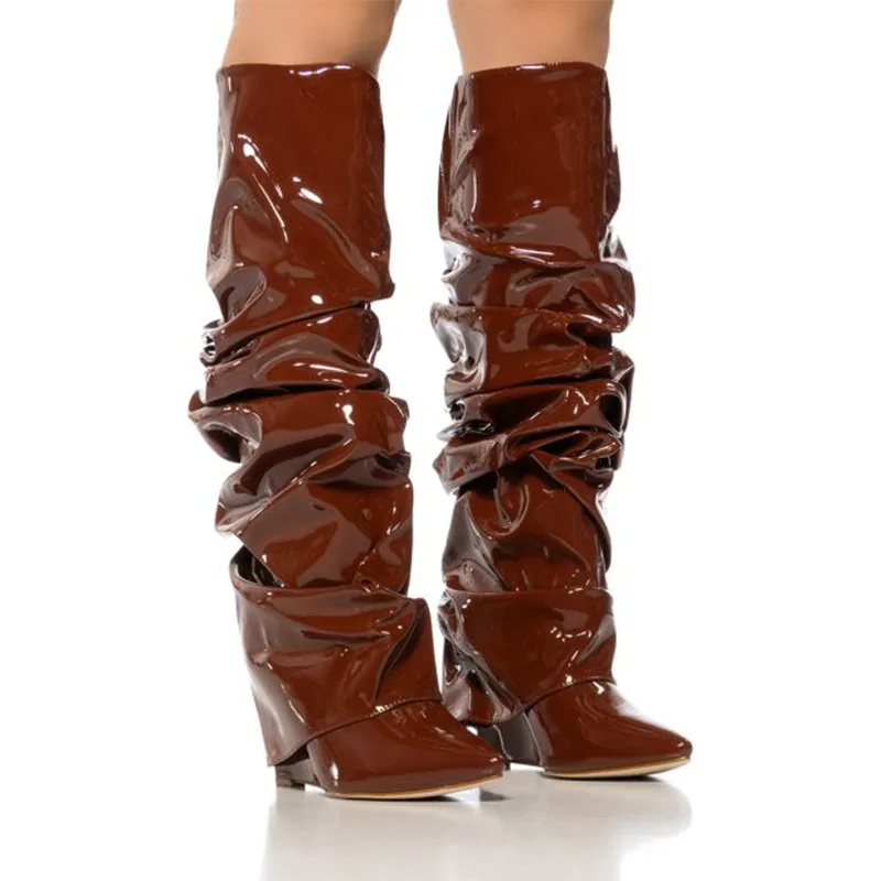 

Новые модные сапоги на очень высоком каблуке с острым носком, свернутые по краю, Камуфляжный цвет, 2023