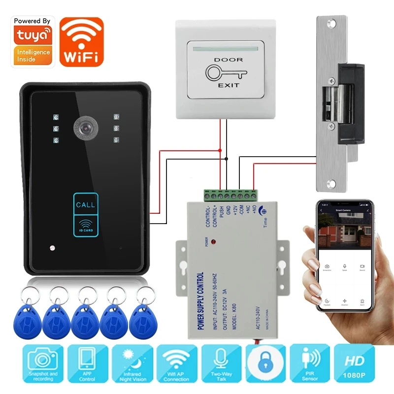 Wifi video doorbell Tuya APP intercom unlock video mobile tracer night vision swipe card 1080P