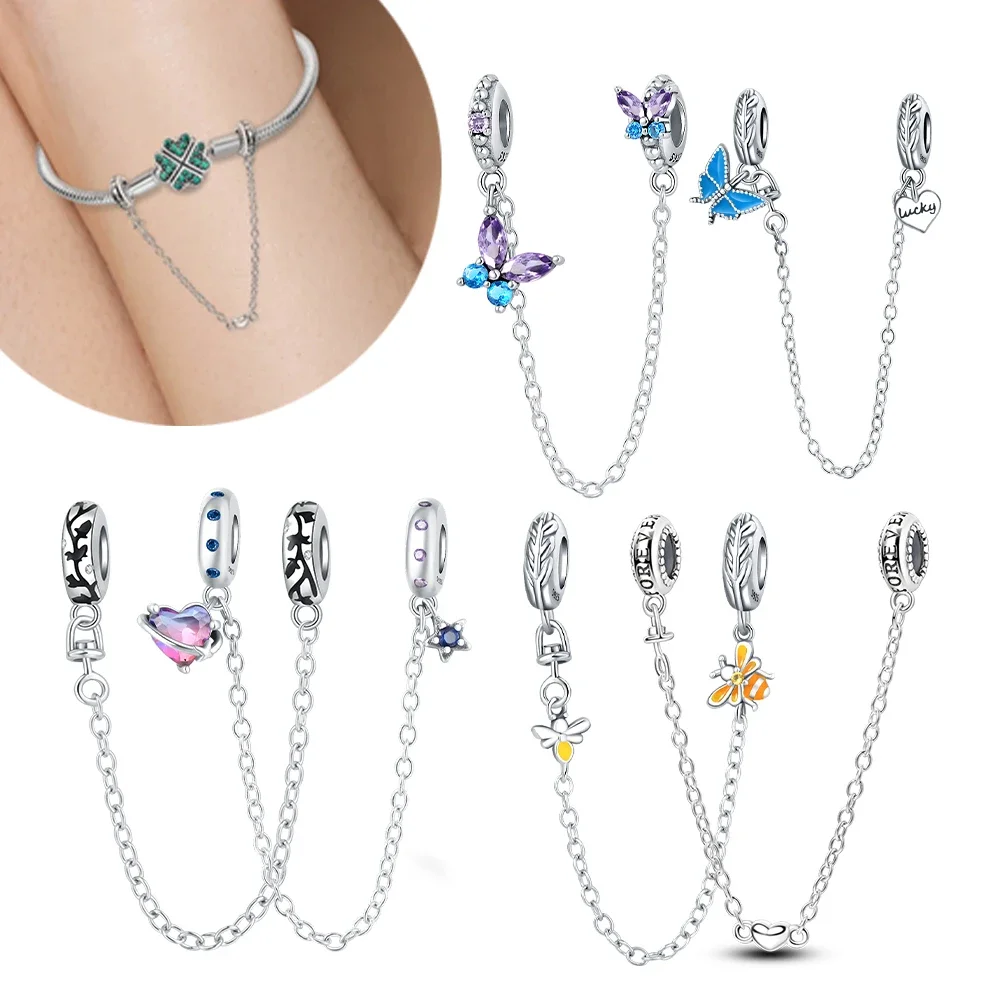 Женская цепочка из серебра 925 пробы с подвесками в виде планеты бабочки пчелы