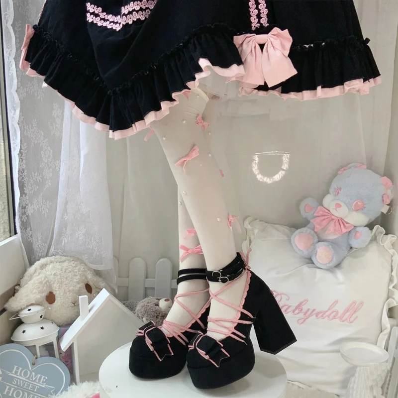 Platform Chunky Heel Lolita Mary Jane High Heels Women Brand Design Cross Tied Pink Bow Female Sweet Cosplay Pumps Party Prom