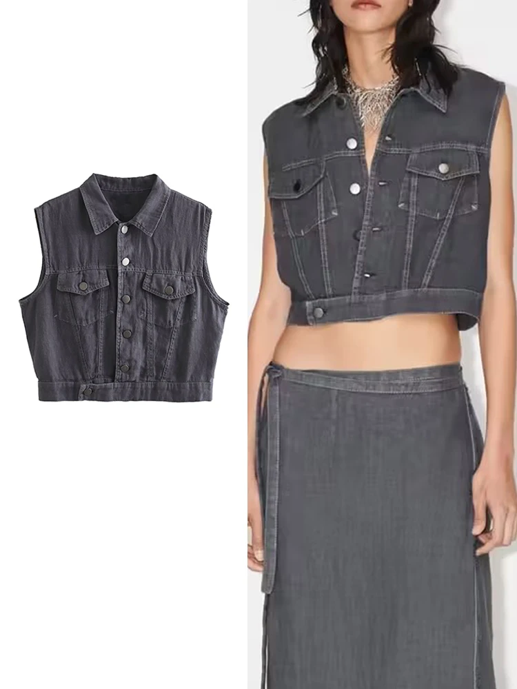 

TRAF 2023 Summer Women Causal Solid Vest Tops Fashion Lapel Sleeveless Vests Ladies Single Breasted Streetwear Chic Tops