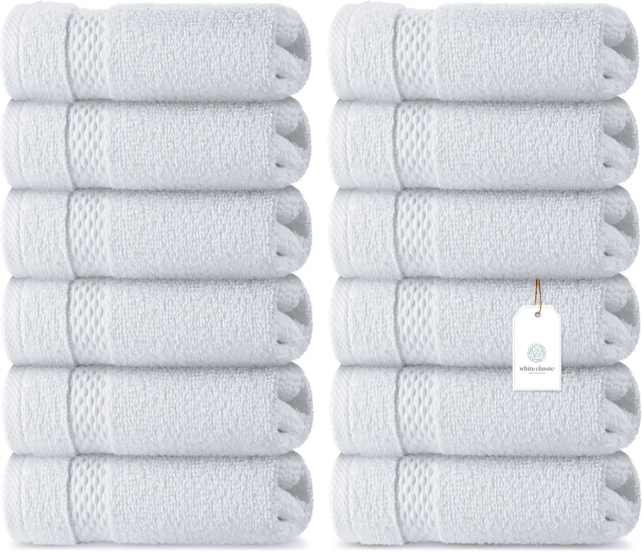 

Luxury Cotton Washcloths - Large 13x13 Face Towel, White, 12 Pack
