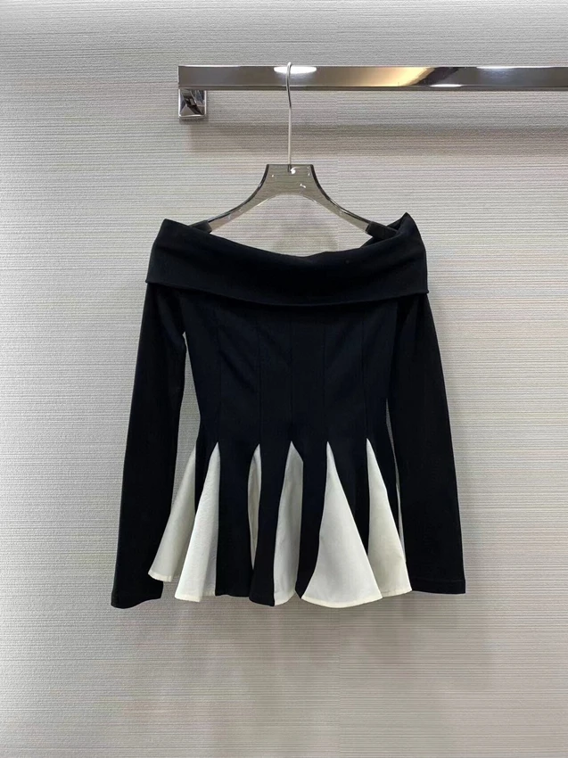 

2023 new women fashion long-sleeved sexy casual one-word shoulder hem lotus leaf pendulum color matching matching top 0803