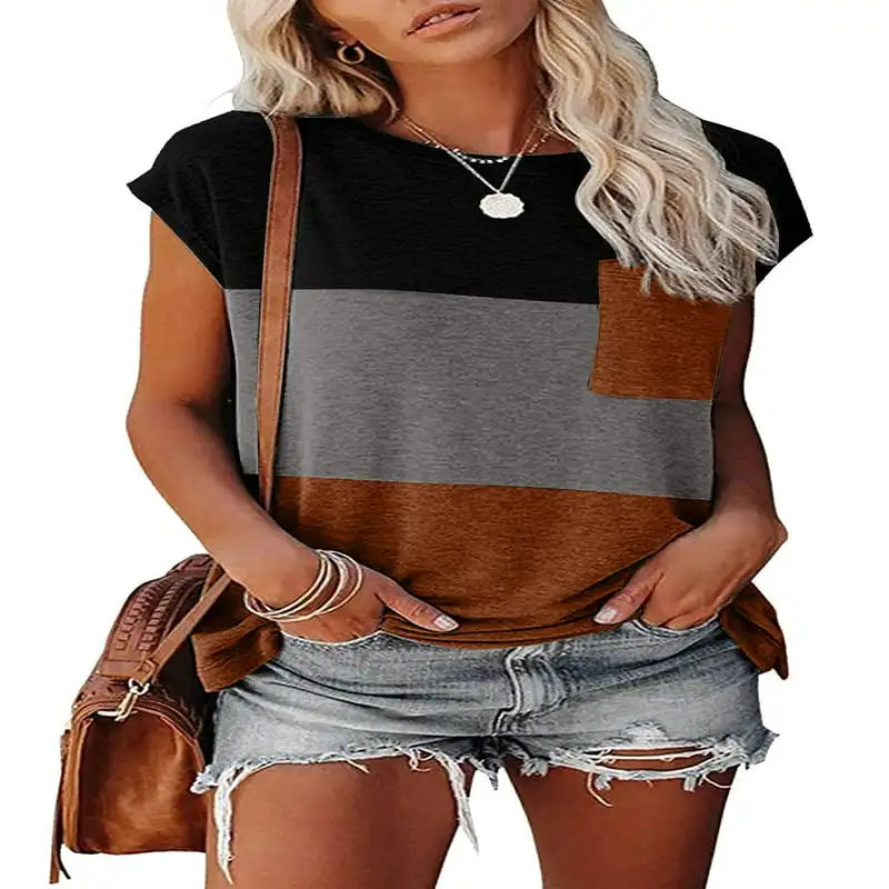 

Colorful Stylish Block Contrast Pocket Short Sleeve Tunic Top for Men & Women, Loose Comfy Casual Summer T-Shirts Tees.